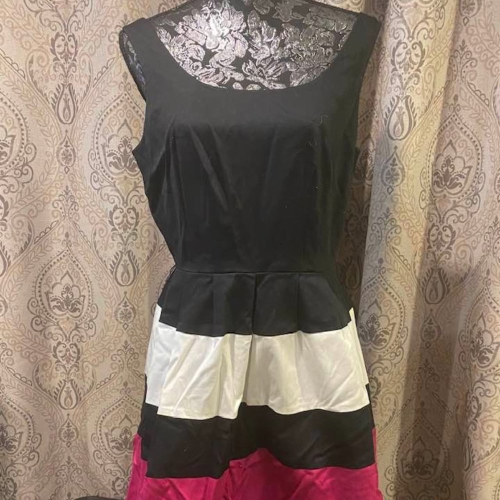 Worthington Black Flare Dress with Pink/White Stripes, 10